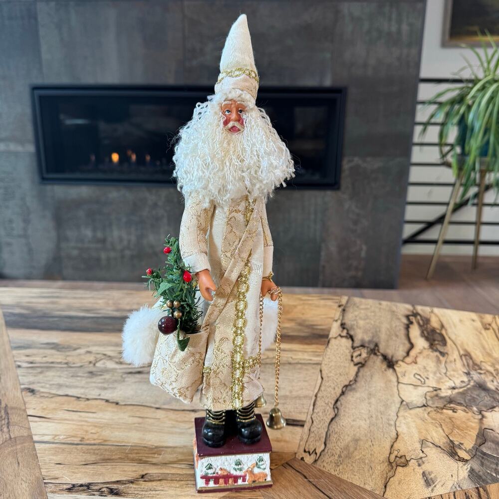 Vintage Victorian Bronson 15.5” Santa White Gold Old World Pencil Santa Statue
